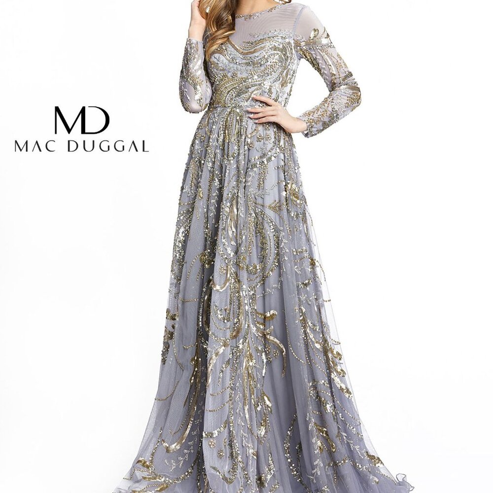 NWT Mac Duggal PLATINUM GOLD LONG SLEEVE‎ EMBELLISHED ILLUSION GOWN…